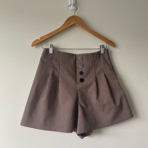 Zara Plaid High Waist Cotton Blend Pleated Shorts Side Zipper Size Medium - Picture 1 of 11